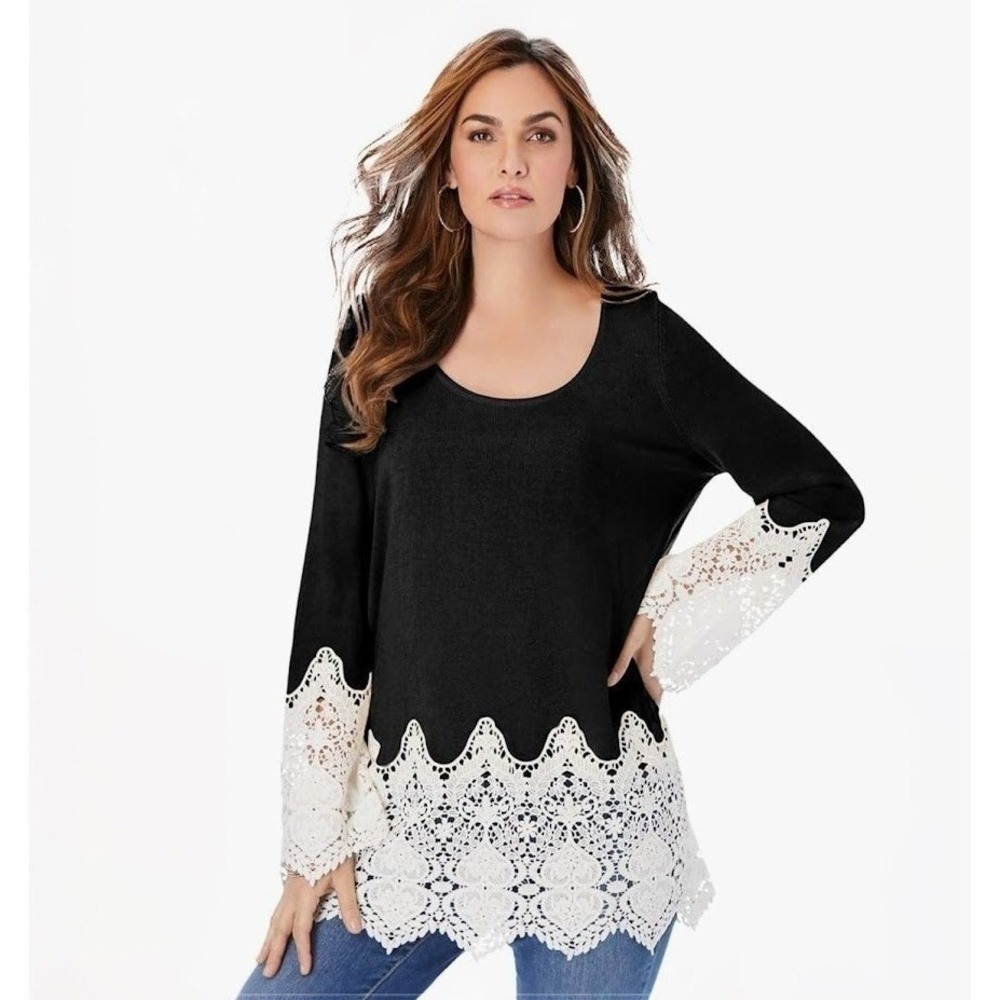 Lace Trim Knit Tunic Sweater Top Plus 1X Black Boho Bell Sleeve Party